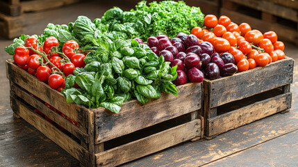 Wall Mural - Fresh organic vegetables and fruits in wooden crates on rustic table