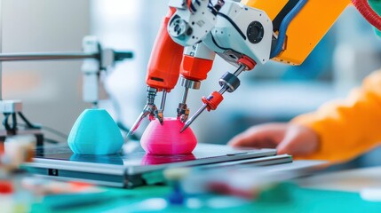 Fototapete - Robot with multiple tool attachments working on a 3D printer, additive manufacturing, creative technological detail, industrial innovation