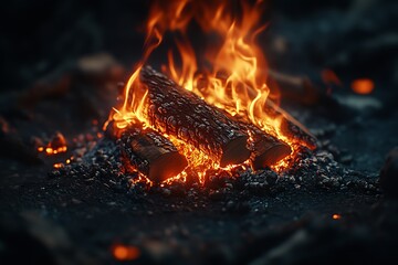 Aufkleber - Extreme Closeup of Blazing Fire with Bright Flames Consuming Wood Logs in an Outdoor Campfire : Generative AI