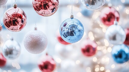 Aufkleber - Shimmering Christmas Ornaments in Red and Blue with Bright Bokeh Lights Background : Generative AI