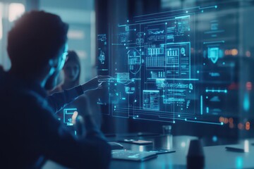 Leinwandbilder - An AIpowered virtual assistant projecting a detailed workflow chart to a team in a hightech office, sleek futuristic tones, photorealistic elements