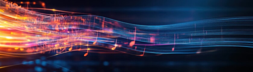 Aufkleber - An abstract composition of flowing ribbons of light, resembling musical notes, set in a dark background, motion blur effect, and high contrast