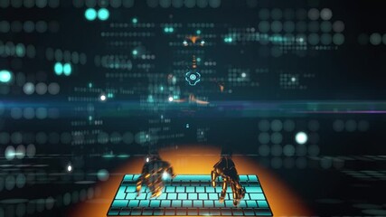 Wall Mural - ai robot hands typping code with glitch flickering dots overlay. modern title background or high tec