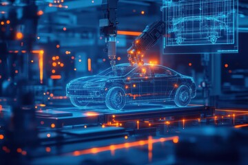 Aufkleber - A sleek industrial robot arm building a hightech car in a dimly lit smart factory, glowing orange sparks and holographic blueprints in the background, steampunk, high detail