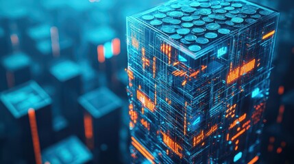Fototapete - A skyscraper built entirely from coins with arrows projected onto the glass walls, cyberpunk cityscape, neon blues and oranges