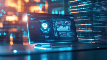 Poster - A scifi styled workspace featuring AI assistants displaying holographic reports, creative aura, vibrant futuristic colors, sharp lighting contrasts