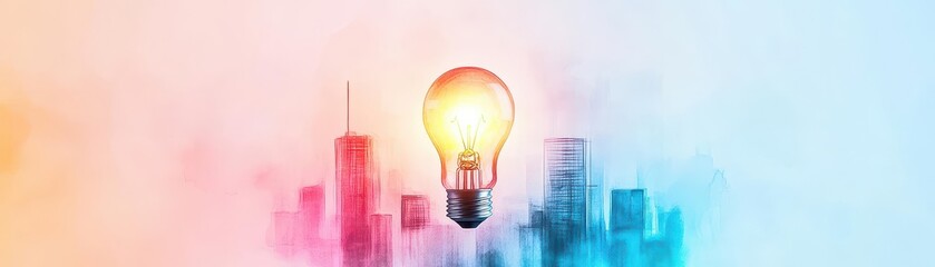 Poster - A glowing modern lightbulb in the center of a futuristic watercolor skyline, light blending with soft urban hues