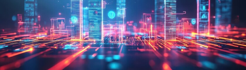 Fototapete - A futuristic cityscape with towering smart buildings, showing interconnected holograms depicting project development metrics, glowing neon outlines, 3D rendering