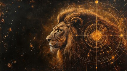 regal lion with cosmic glow and embers