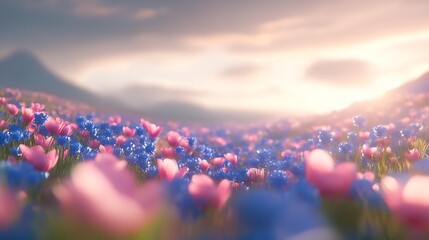 Poster - Serene Sunset Over Meadow with Vibrant Pink and Blue Wildflowers in Mountain Valley : Generative AI
