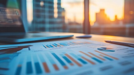 Fototapete - Business analysis and financial performance review with sunrise office view : Generative AI