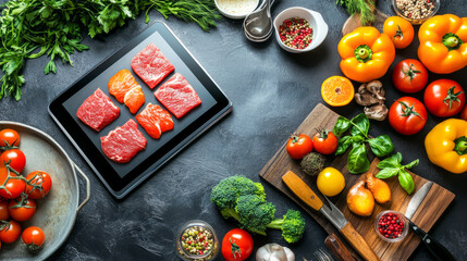 Wall Mural - Fresh vegetables and raw meat on kitchen table with herbs and seasonings