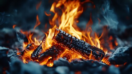 Aufkleber - Vibrant Flames Consuming Charred Logs in a Mesmerizing Outdoor Campfire Setting at Dusk : Generative AI