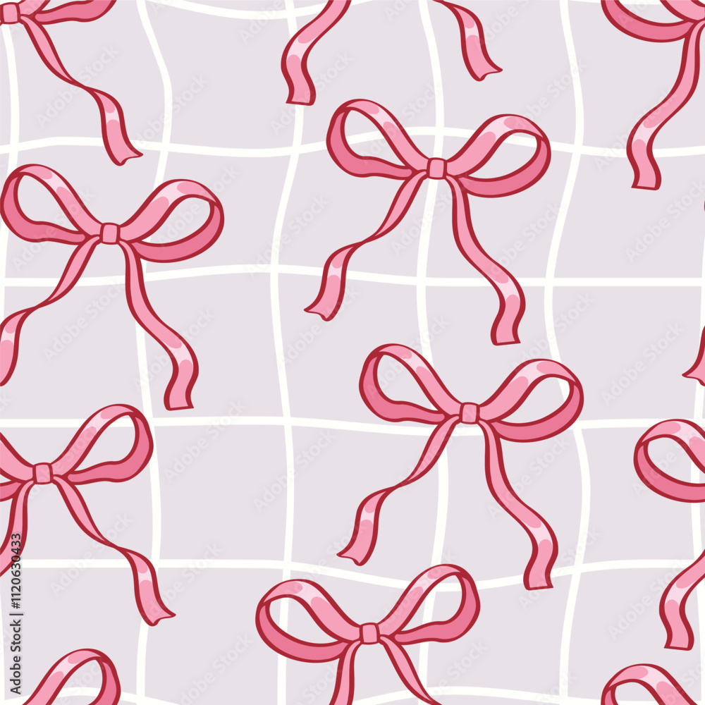 Seamless pattern of pink ribbon with hand drawn checkerboard line ...