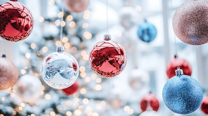 Aufkleber - Glistening Christmas Tree Baubles in Red Blue and Silver Amidst Twinkling Festive Lights : Generative AI
