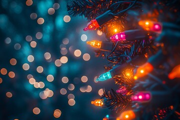 Poster - Vibrant Multicolor Holiday Christmas Tree Lights with Bokeh Background Illumination : Generative AI