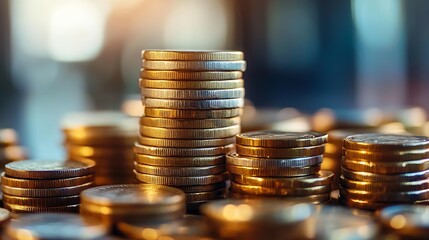 Poster - Stacks of Shiny Golden Coins in Soft Focus Under Natural Light : Generative AI