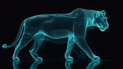 3d holographic lioness walking, glowing silhouette, black background