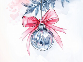 Wall Mural - Hanging silver sparkling flower ornament decorated pink watercolor delicate floral detail festive ribbon holiday decor celebration coquette clipart white background girly Christmas sketch ball romance