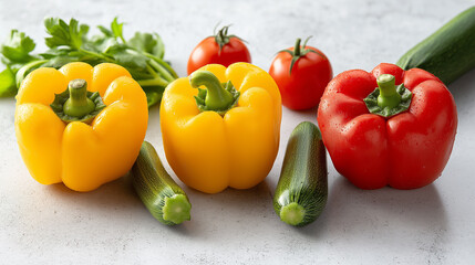 Canvas Print - An arrangement of fresh yellow, red bell peppers, zucchini, and cherry tomatoes on a light background