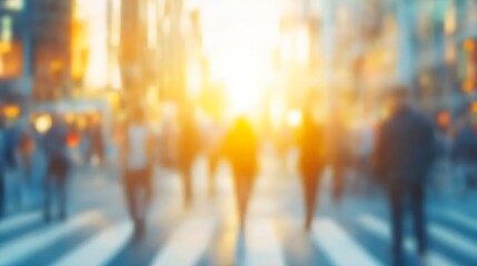 Aufkleber - Abstract urban scene with blurred pedestrians crossing the street at sunset creating a dynamic vibrant atmosphere : Generative AI