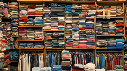 Neatly arranged closet with stacked folded clothes and hanging garments