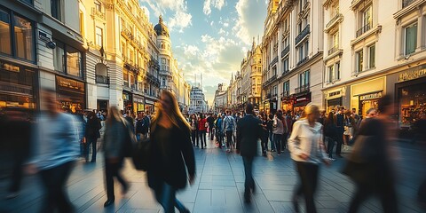 Dynamic urban city street scene with bustling crowds during sunset in Europe : Generative AI