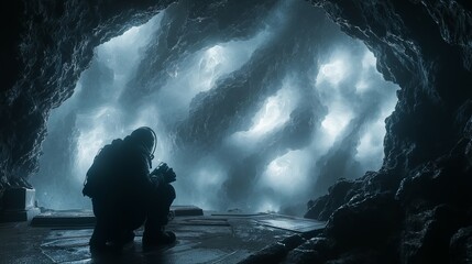 Wall Mural - A janitor in a spacesuit kneels in a cave-like space, gazing at ethereal blue light illuminating the rocky surroundings
