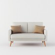 © Generative AI - Compact Cream Mid Century Modern Sofa with Pair of Brown Cushions Isolated on White : Generative AI