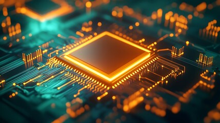 Aufkleber - Futuristic Orange and Gold Microchip on Abstract Blue Circuit Pattern PCB : Generative AI