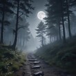 © Kingphet - Foggy forest path leading to a clearing under a full moon , atmospheric, fog
