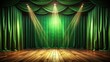 © Kaveepat - A minimalist green curtain stage, spotlight illuminating the wooden floor, perfect for conceptual photography and video production, setting a creative atmosphere.
