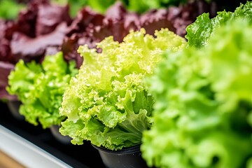 Aufkleber - Fresh Green Lettuce Leaves in a Market Display with Vibrant Colors and Textures : Generative AI