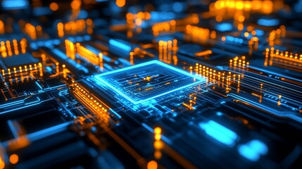 Poster - Modern Circuit Board Art with Vibrant Blue and Orange Lighting Effects : Generative AI