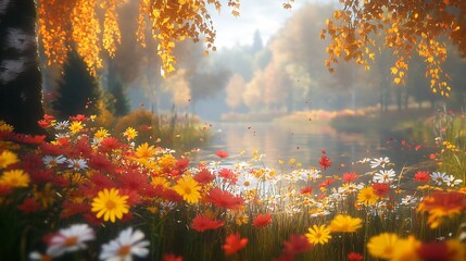 Aufkleber - Idyllic Riverside Capturing the Beauty of Autumn with Sunlit Flowers and Reflected Foliage : Generative AI