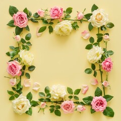 Canvas Print - Floral frame made of pink and yellow roses with green leaves on a soft yellow background. Perfect for spring or wedding themes.