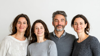 Wall Mural - Group portrait of caucasian adults smiling against white background