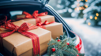 Wall Mural - Christmas presents in car trunk with festive decorations and snowy background