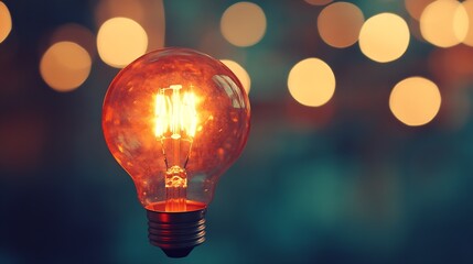 Fototapete - Illuminated Vintage Light Bulb Against a Bokeh Background of Warm Glowing Lights : Generative AI