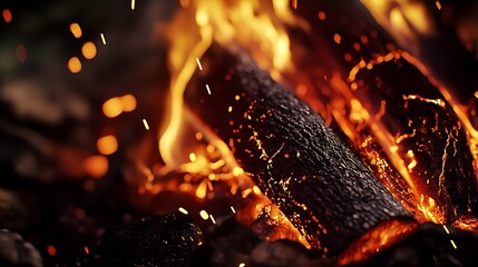 Aufkleber - Dynamic Firewood in Lively Blaze with Intense Ember Sparks in Night Campfire : Generative AI