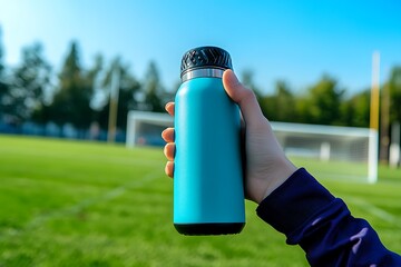 Wall Mural - A person holding a teal water bottle on a sunny sports field.