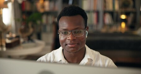Poster - Video call, computer and black man in office for communication, contact or online meeting. Technology, earbuds and African male person on virtual discussion, webinar or conference for business plan.
