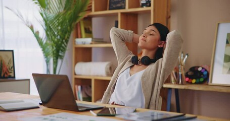 Aufkleber - Typing, stretching and woman in home office with laptop, headphones and notes for business plan. Relax, deadline and freelancer at desk with data analysis, remote work and research for online project