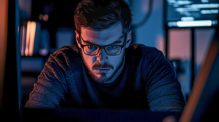 Focused caucasian young male programmer intensely coding in dimly lit room