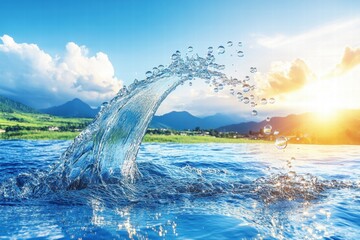 Wall Mural - Dynamic water splash at sunset scenic lake landscape nature photography serene viewpoint capturing tranquility and motion