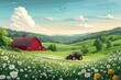 © Sam-th - Tractor working in beautiful green fields near red barn rural landscape spring day scenic viewpoint nature's serenity