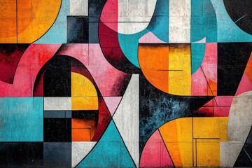 Poster - Vibrant Urban Street Art Mural Abstract Geometric Bold Colors Dynamic Lines Creative Graffiti Background