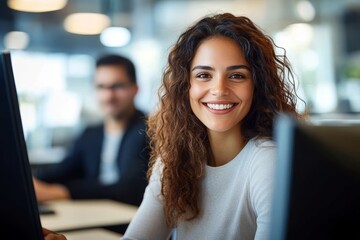 Smiling professional woman with curly hair working at computer in modern office atmosphere