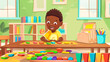 © Hasan Pixel - Montessori material: African American boy playing an educational color game near a cheerful teacher, kids.