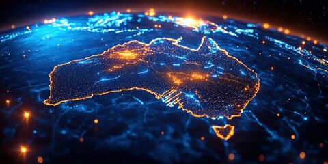 Poster - Glowing Network Map of Australia with Neon Lights and Cyberpunk Style